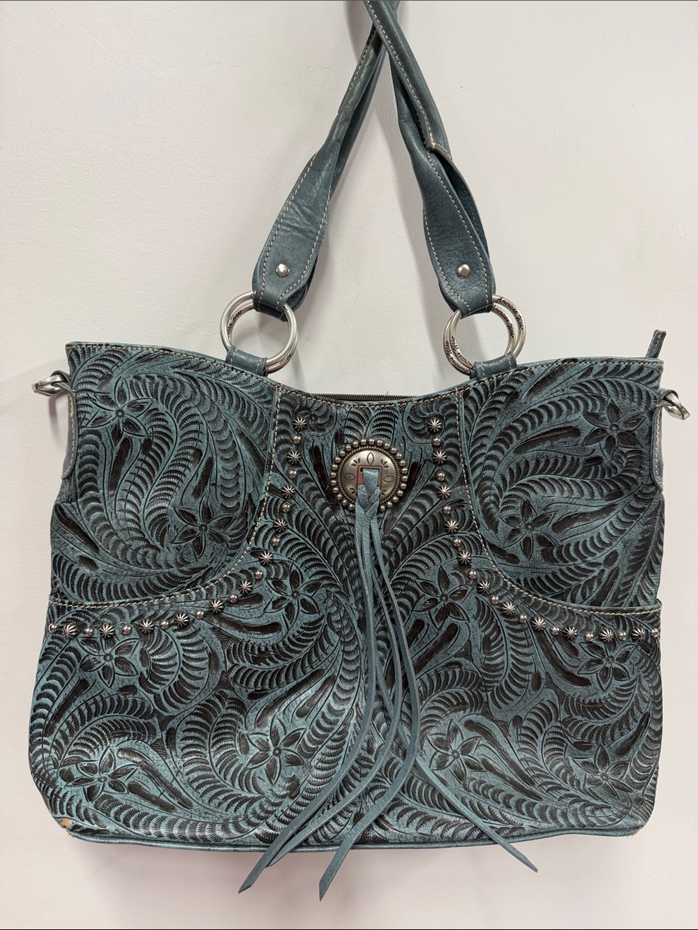 American West Turquoise Tooled Floral Shoulder Bag